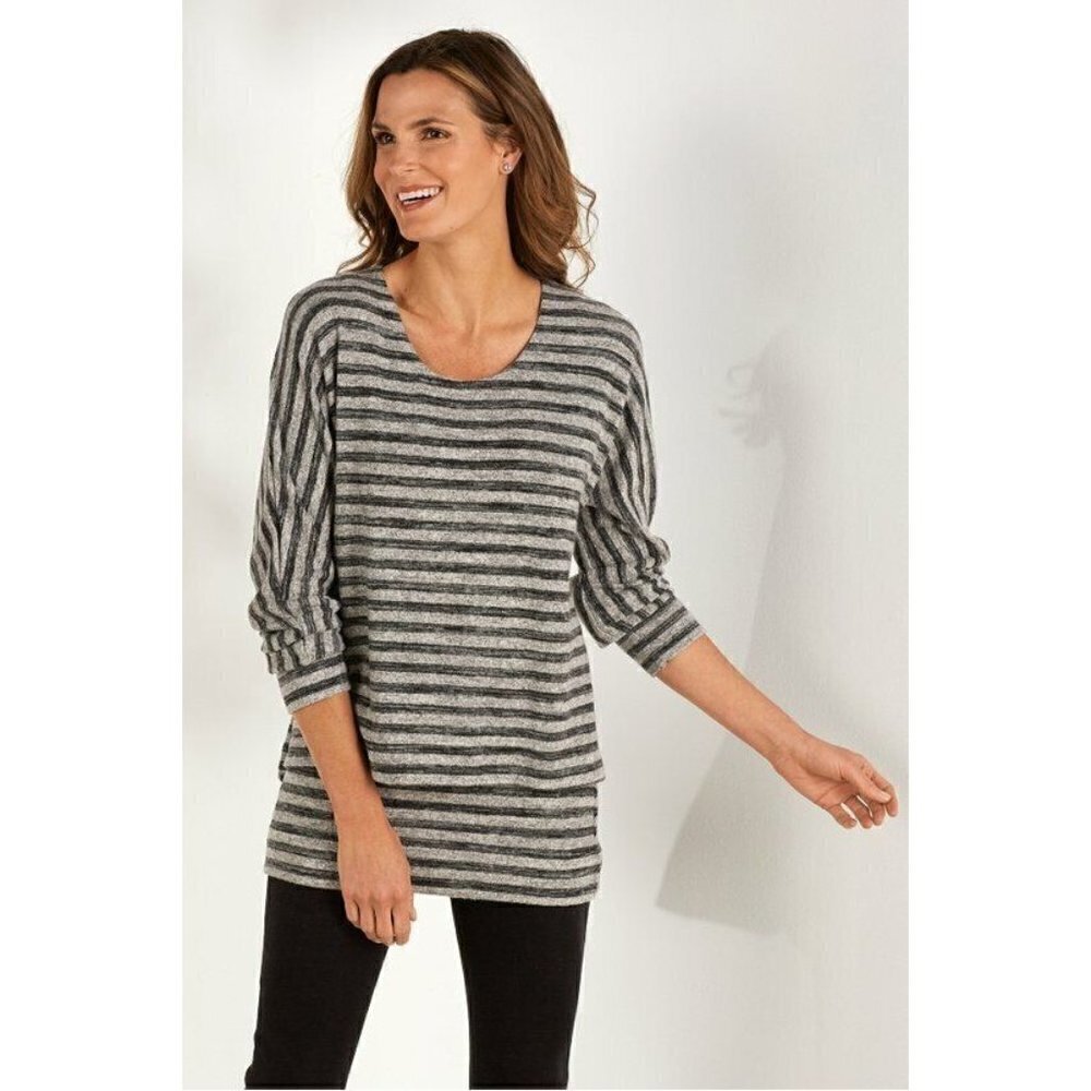 Soft Surroundings Women Sz S Gray Fuzzy Striped Layered Sweater Tunic Top Blouse